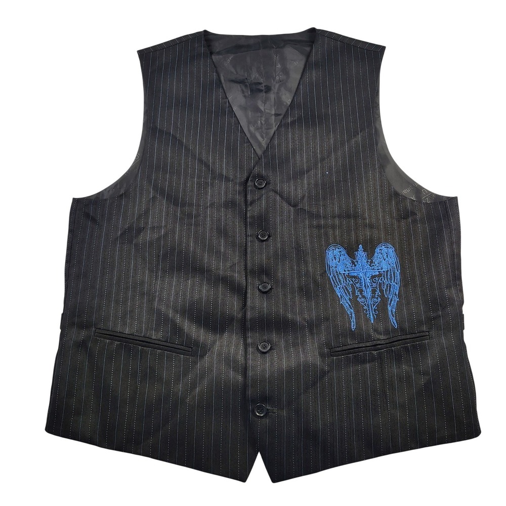 Meztizos USA Mens Pinstripe‎ Vest Black Blue Angel Wing Cross Embroidered XL